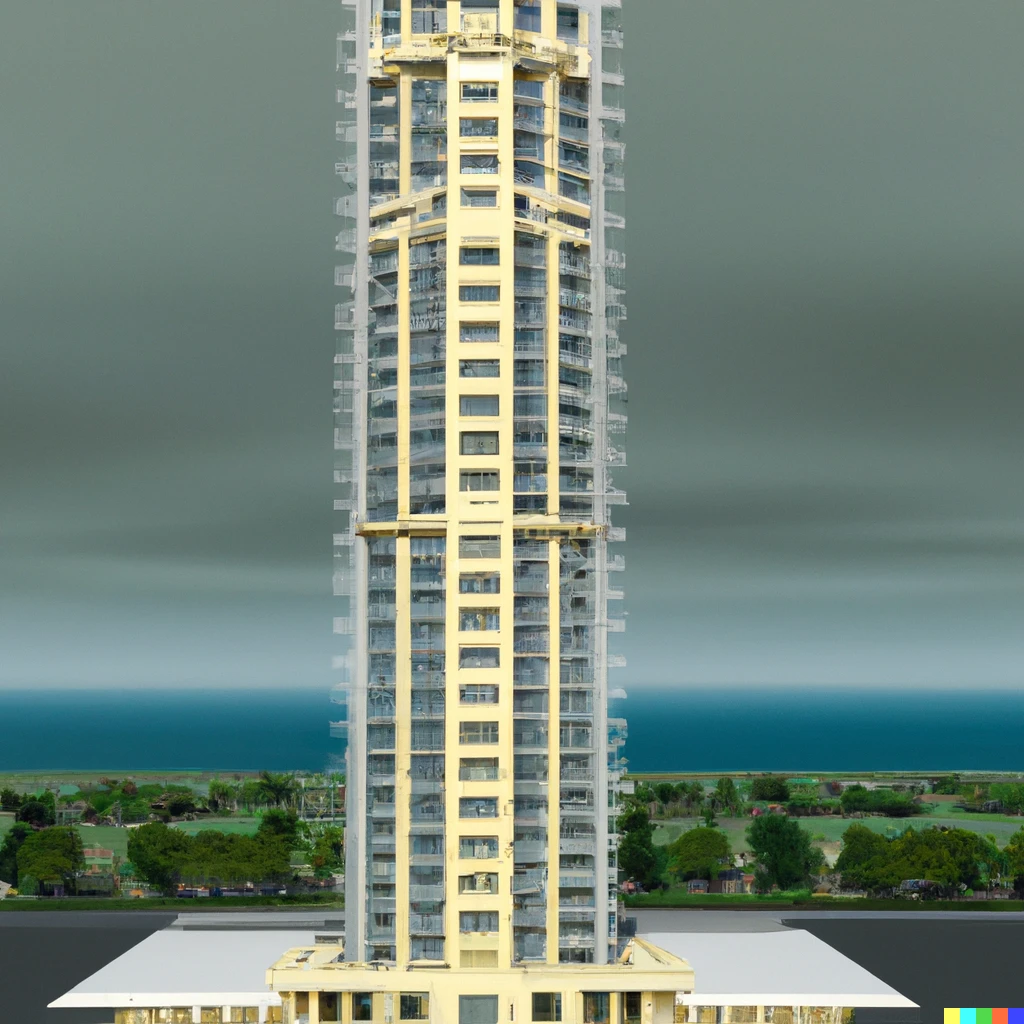 Prompt: Full view of a megatall skyscraper in the style of colonial Philippine architecture, 3d render, long-distance