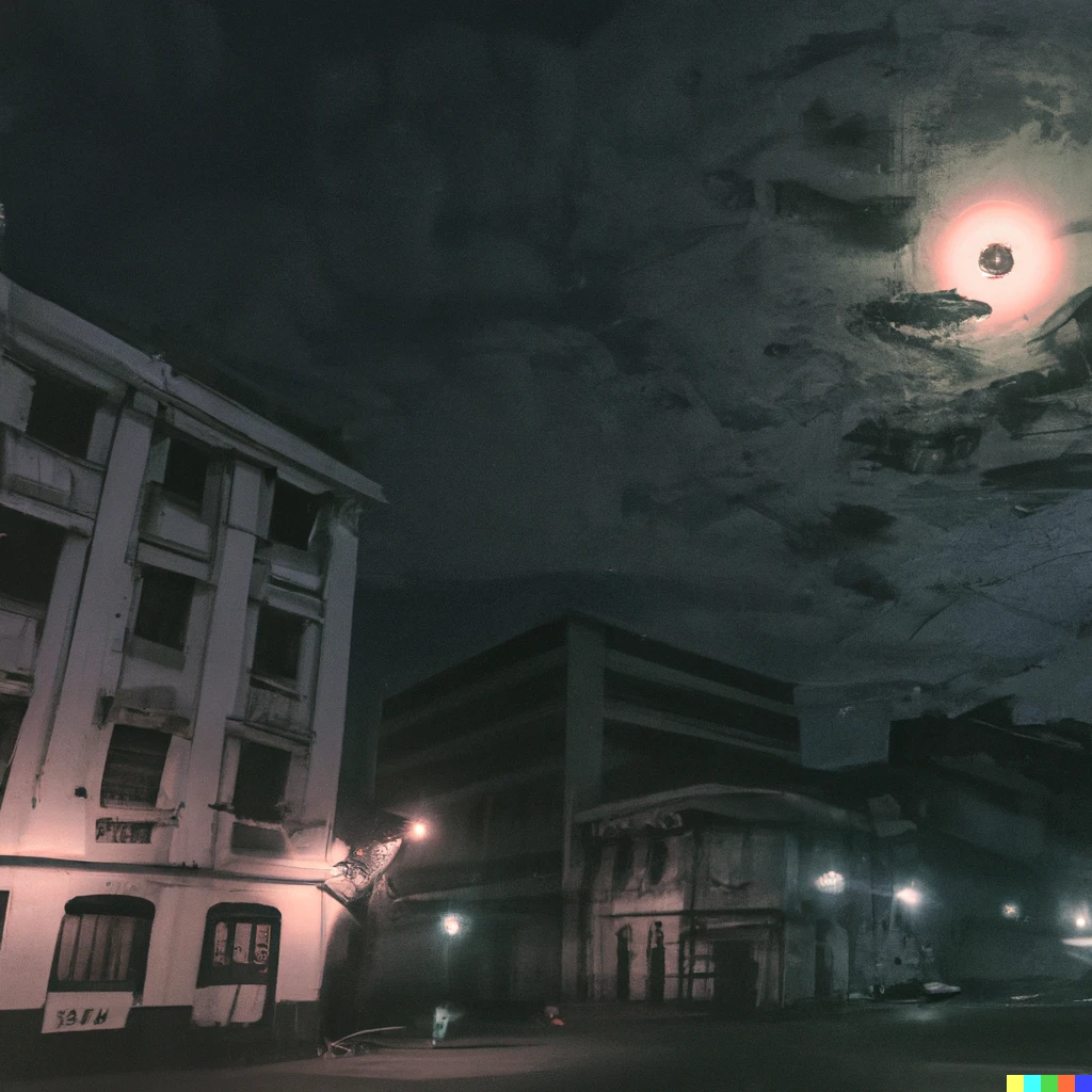 Prompt: Streets of Manila, gothic architecture, gloomy cloudy night, full moon
