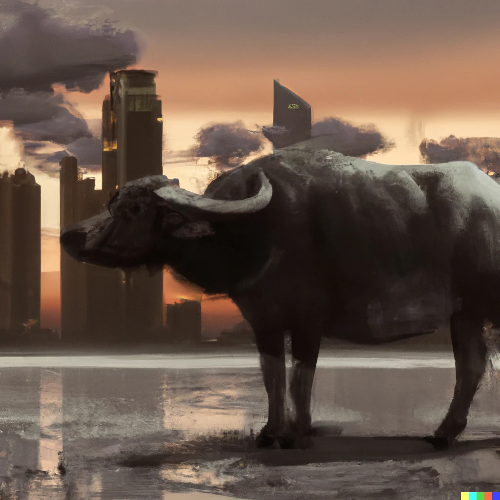 Prompt: A giant water buffalo walking and carrying the city of Manila on its back, afternoon, digital art, 4k, HD.