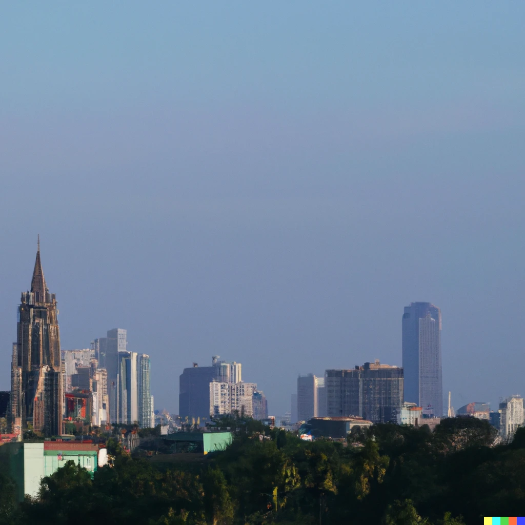 Prompt: A long-distance photo of an iconic gothic-style skyscraper dominating the Manila city skyline, 4k, award winning, HD.