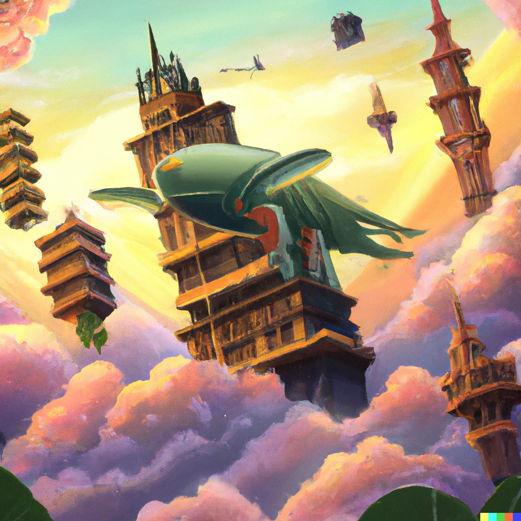 Prompt: A city with Philippine architecture built on top of a giant axolotl flying above the clouds in the afternoon, digital art.