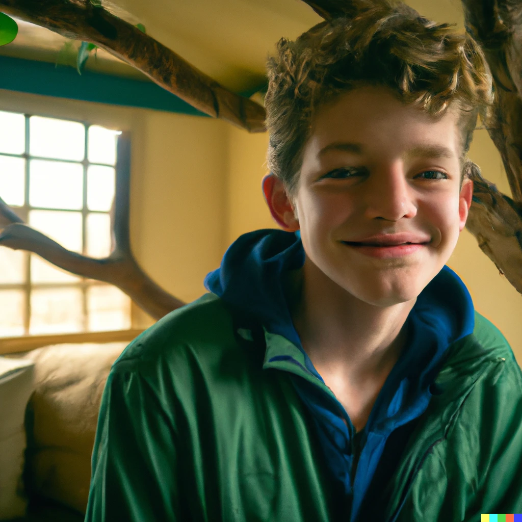 Prompt: A smiling fourteen-year-old boy (with messy medium-length blond hair, blue eyes, and freckles) wearing a green jacket, sitting inside a treehouse. Candid, HD, 4k, realistic.