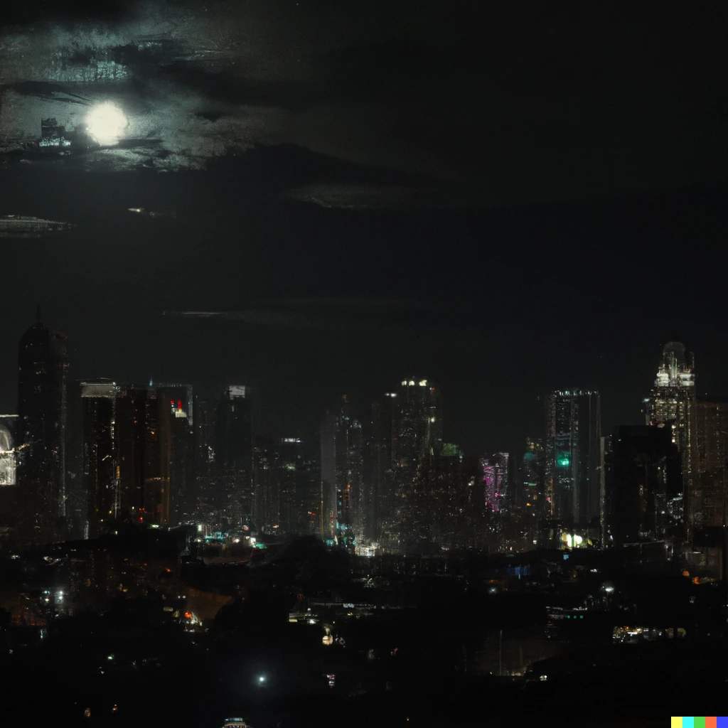 Prompt: Metro Manila skyline, gothic architecture, gloomy cloudy night, full moon, cinematic, 4k, HD.
