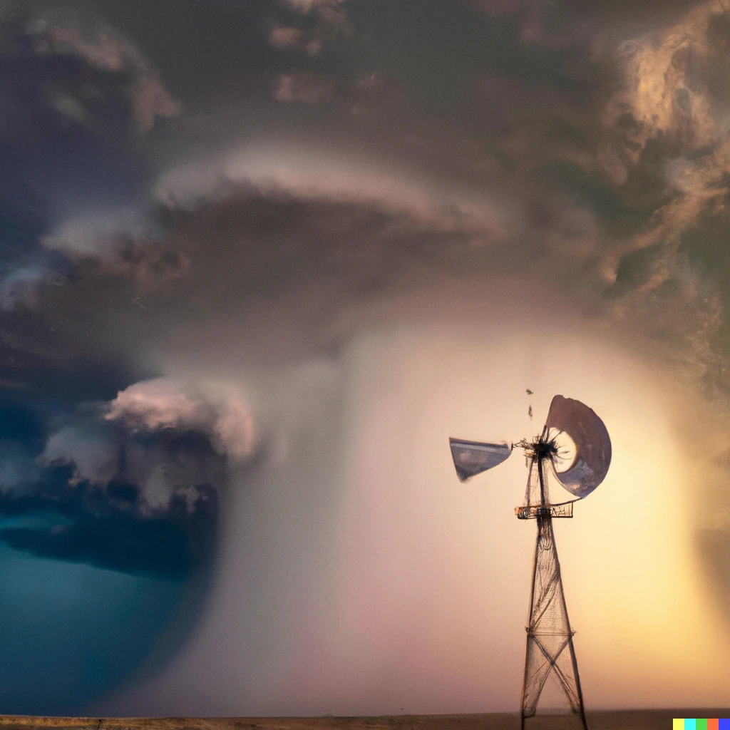 Prompt: fantastic photographic landscape spinning windmill shot of a mature supercell thunderstorm, illuminated at varying heights from the setting sun