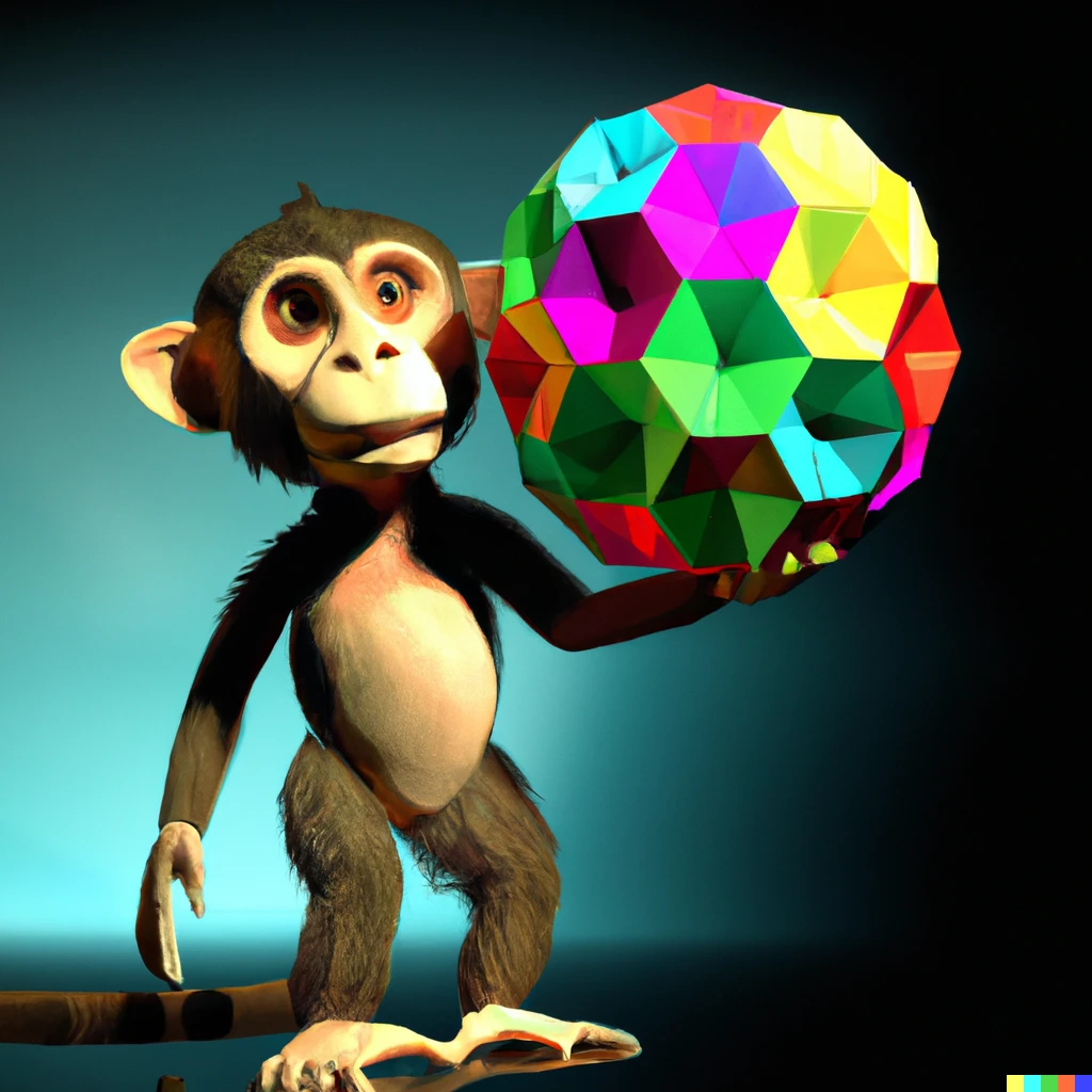 Prompt: 3D computer generated render of a monkey holding up a multicolor sphere based on icosiedodecahedron geometry