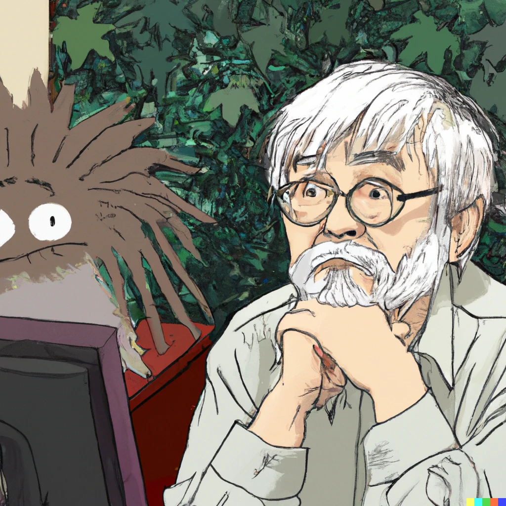 Prompt: A Studio Ghibli drawing of Hayao Miyazaki reacting to the early development of AI generated art in 2016.