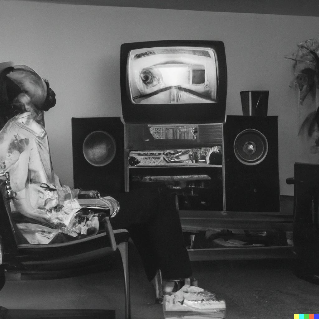 Prompt: black and white photograph of a man sitting in a chair in front of a stereo that is blowing him backwards with the force with a high end 1980s scene vibe