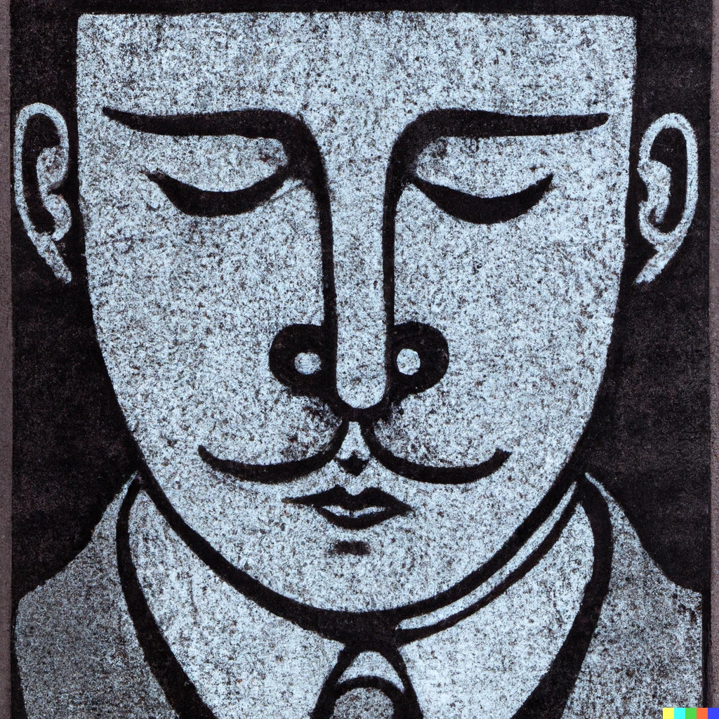 Prompt: wood block print  of somber gentleman with a monocle 