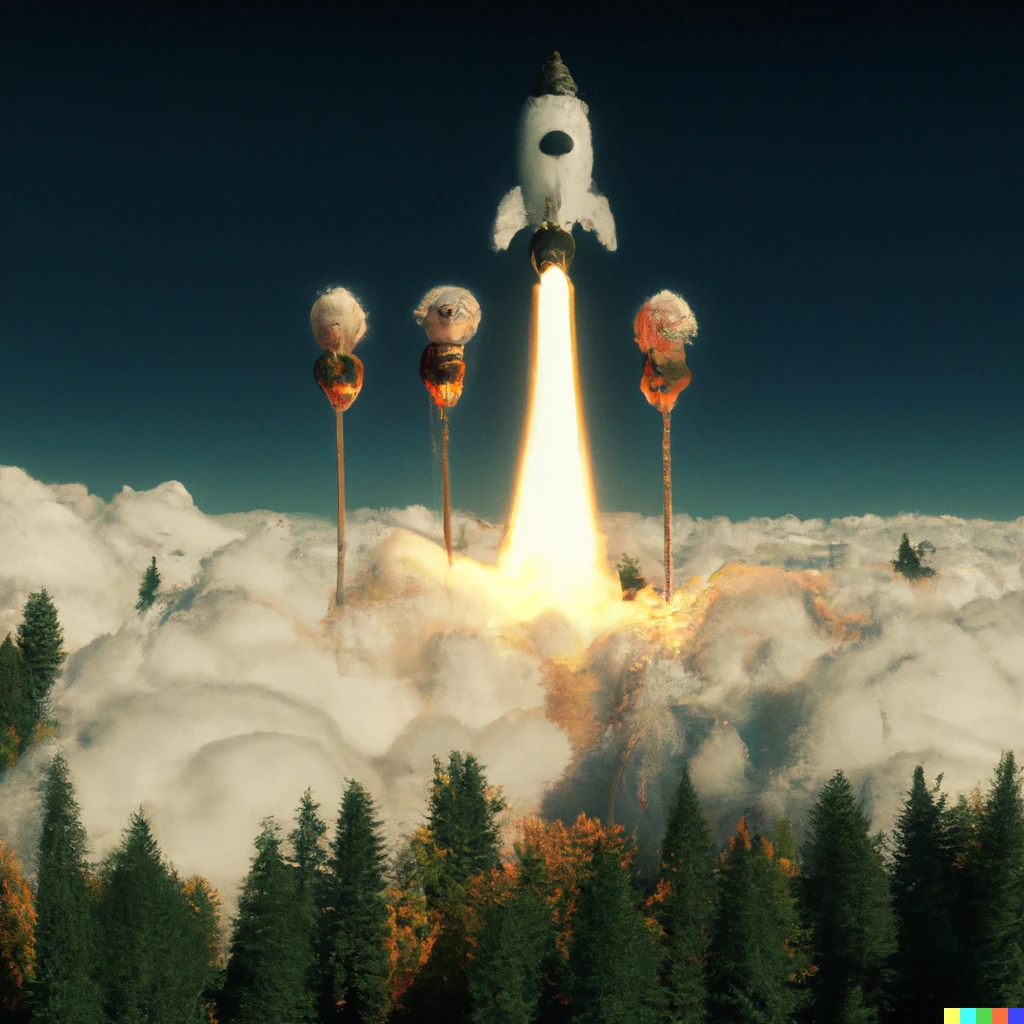 Prompt: 3d render of The muppets visiting flash gordon on his rocket while falcor flies alongside through the clouds above a forest 
