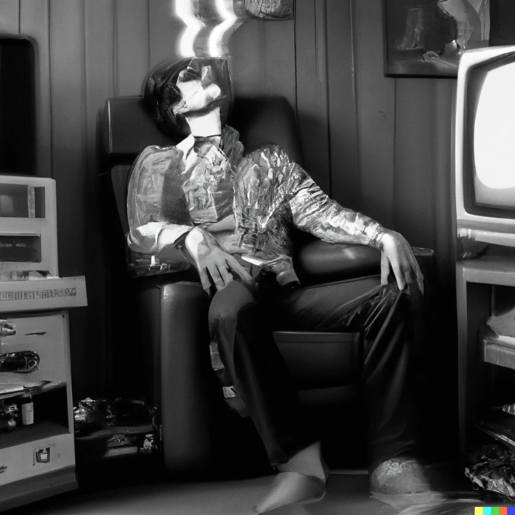 Prompt: black and white photograph of a man sitting in a chair in front of a stereo that is blowing him backwards with the force with a high end 1980s scene vibe