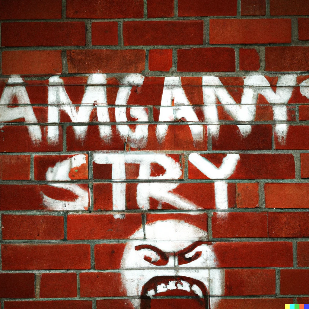 Prompt: spray paint graffiti on concrete brick wall depicting anger towards the system