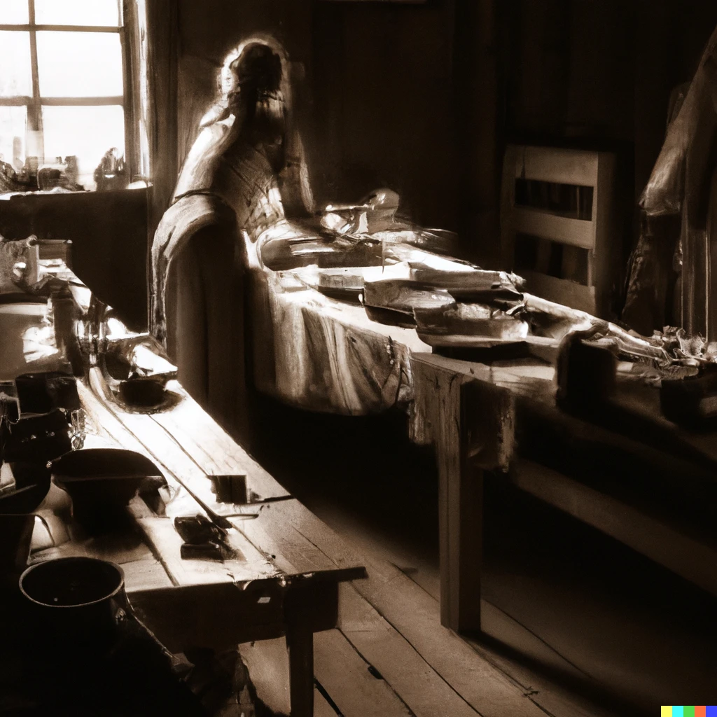 Prompt: rustic cabin kitchen a woman is baking bread surrounded by tables covered in bowls, the air dense with pollen, and fairies hiding in the shadows as sepia photograph 
