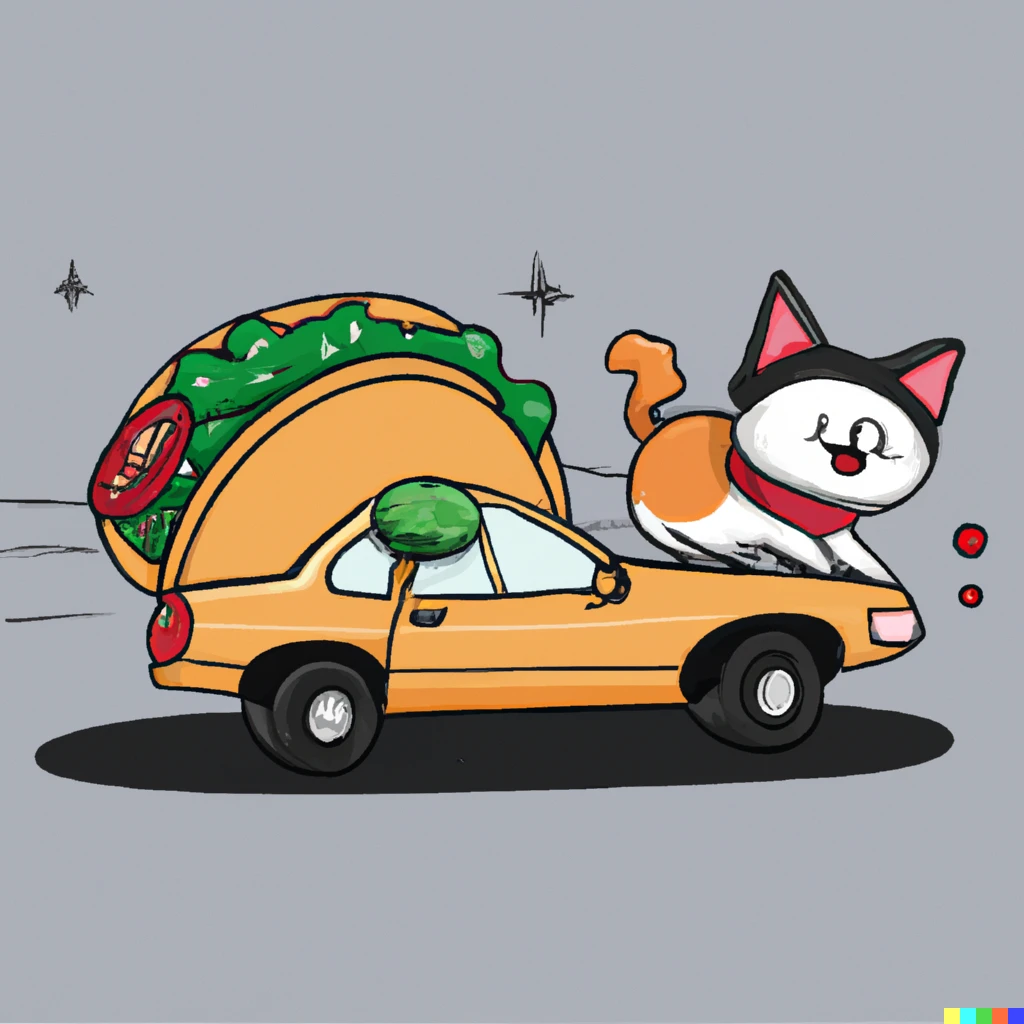 Prompt: a taco and a cat riding a sushi car sunday comic style