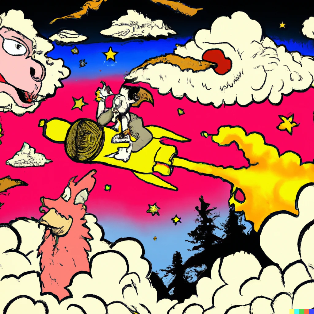 Prompt: ukiyo-e of The muppets visiting flash gordon on his rocket while falcor flies alongside through the clouds above a forest 