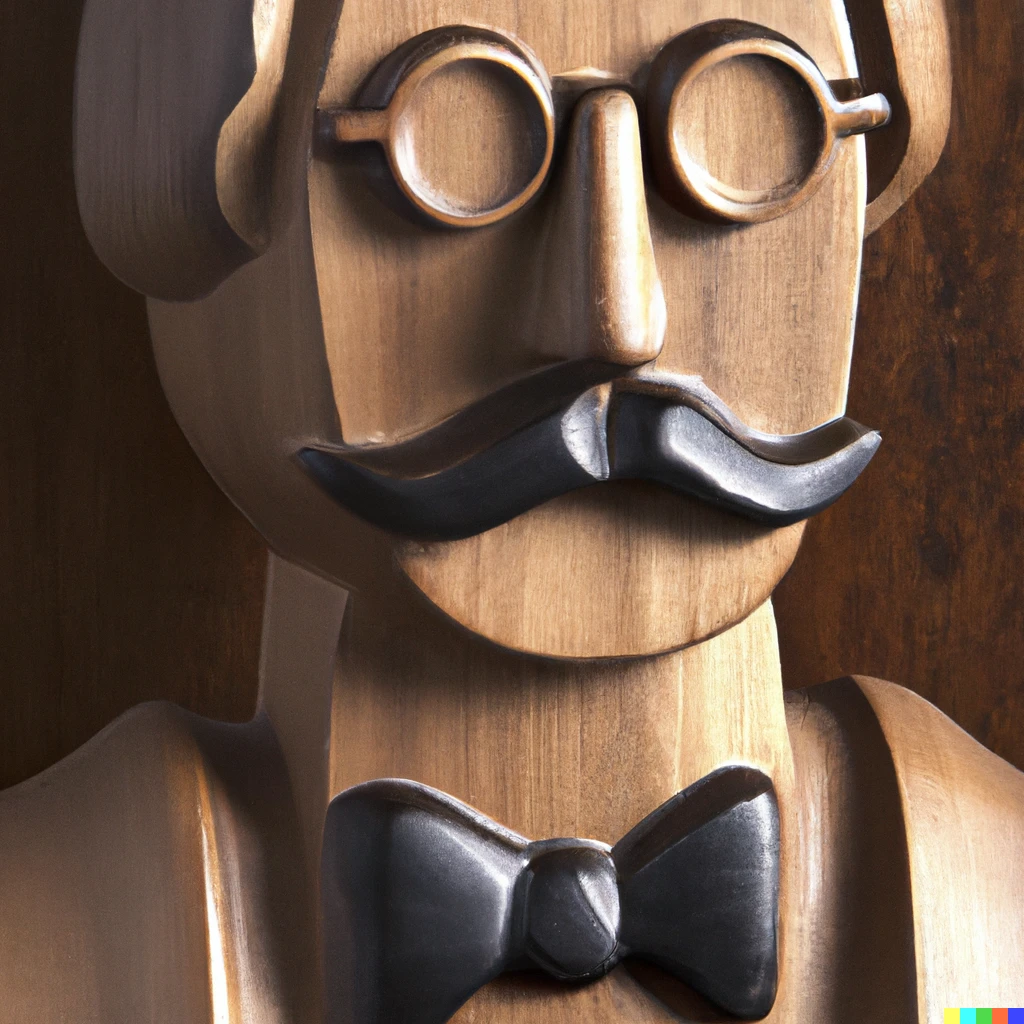 Prompt: wood sculpture bust of somber gentleman with a monocle 