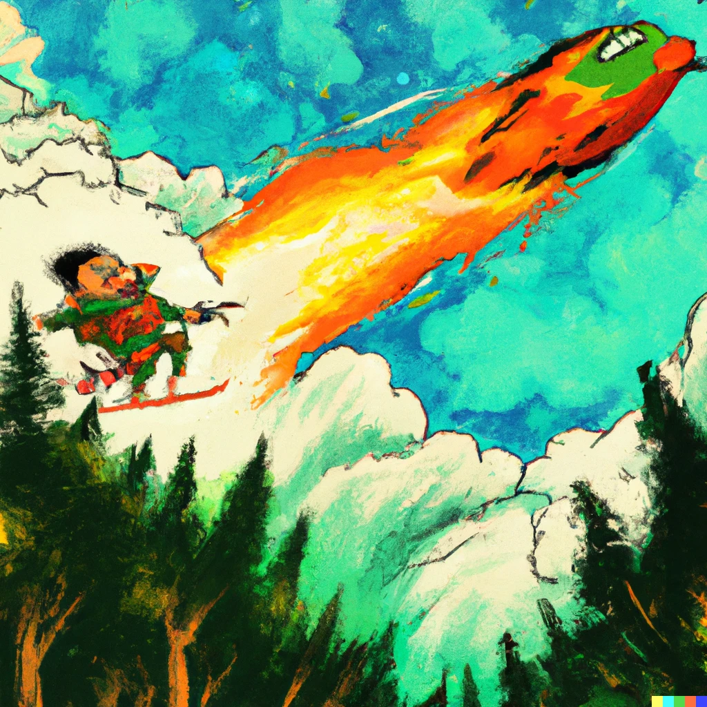 Prompt: ukiyo-e of The muppets visiting flash gordon on his rocket through the clouds above a forest 