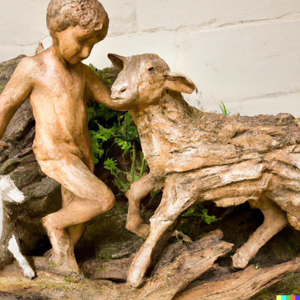Prompt: driftwood sculpture of teenage shepherd carrying a lamb