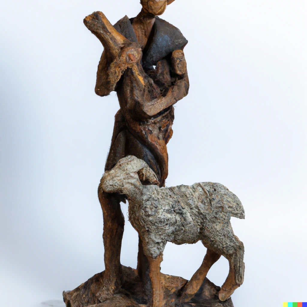Prompt: driftwood sculpture of teenage shepherd carrying a lamb