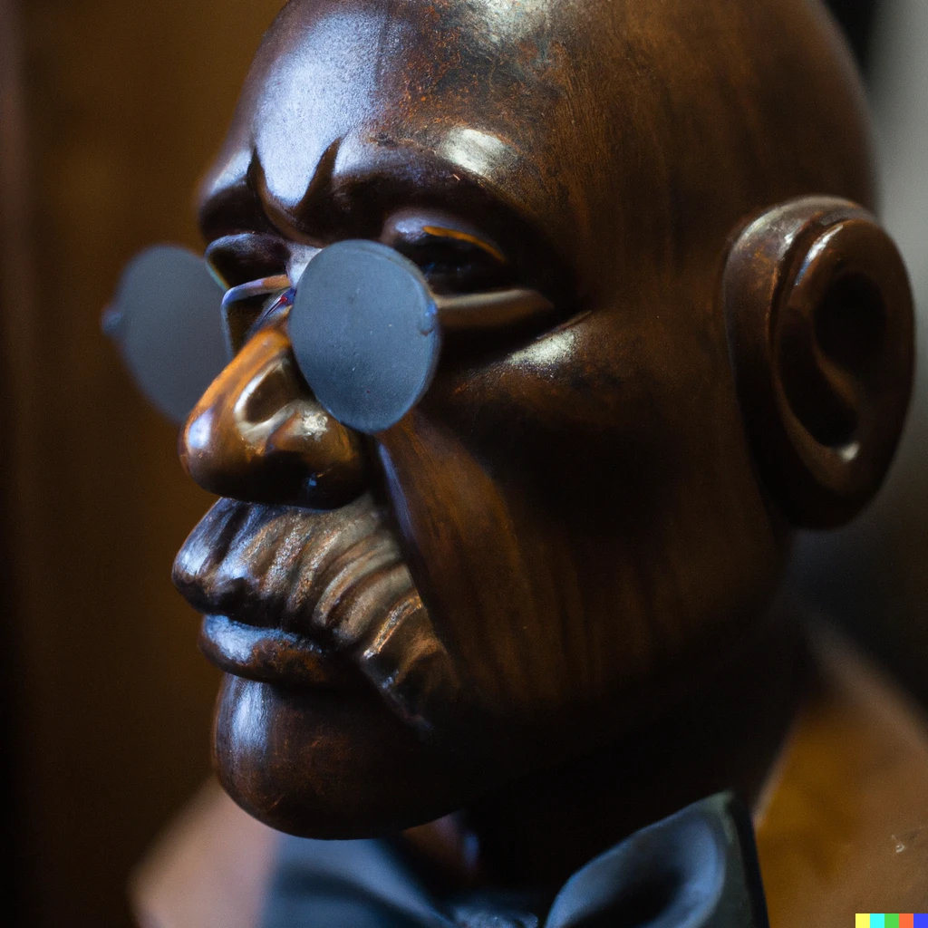 Prompt: wood sculpture bust of somber gentleman with a monocle 