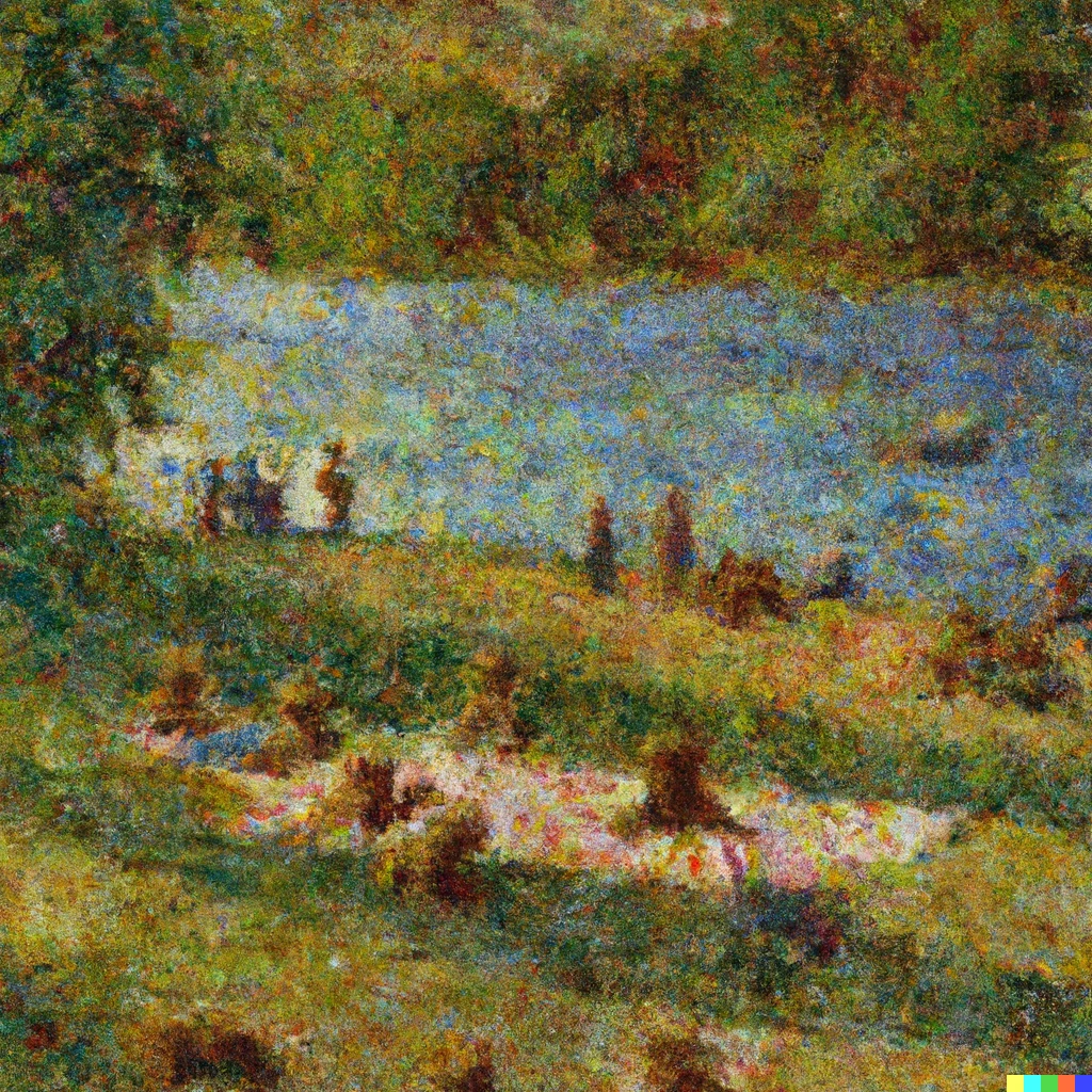 Prompt: painting of riverbank, scattered with teddybears having picnics in the style of georges seurat