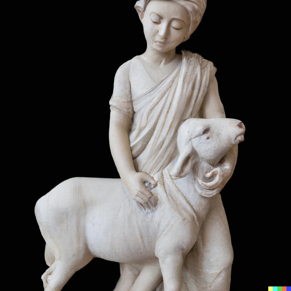 Prompt: marble statue of teenage shepherd carrying a lamb
