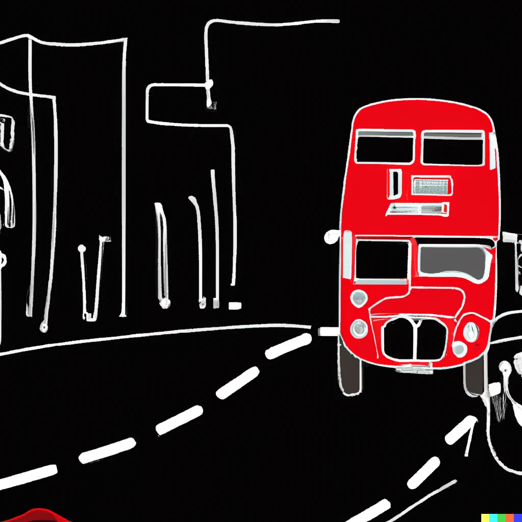 Prompt: one line drawing of busy street  city at night focused on a red double decker bus