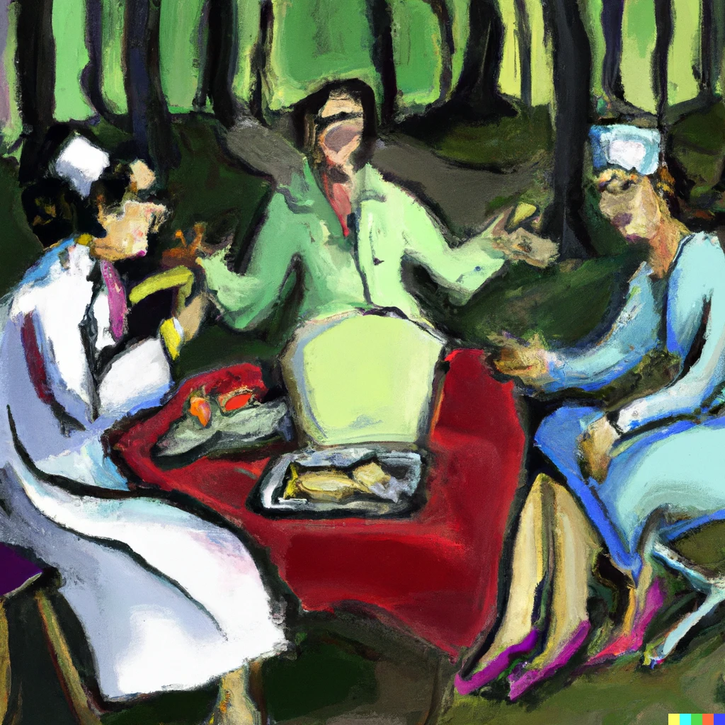 Prompt: painting of picnic in the woods with two doctors talking and gesturing, while one  woman sits bored, in the style of Manet
