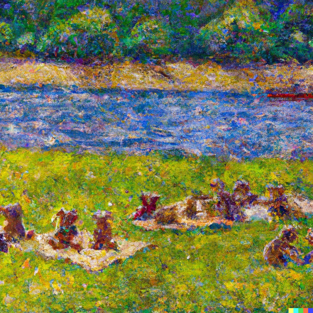 Prompt: painting of riverbank, scattered with teddybears having picnics in the style of georges seurat