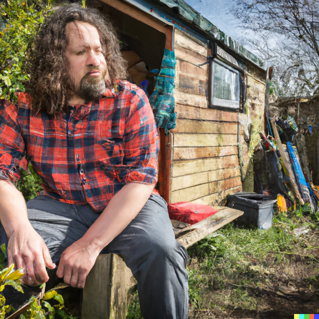 Prompt: Middle age man with long hair & Beard in checked shirt sitting outside a garden shed on an allotment