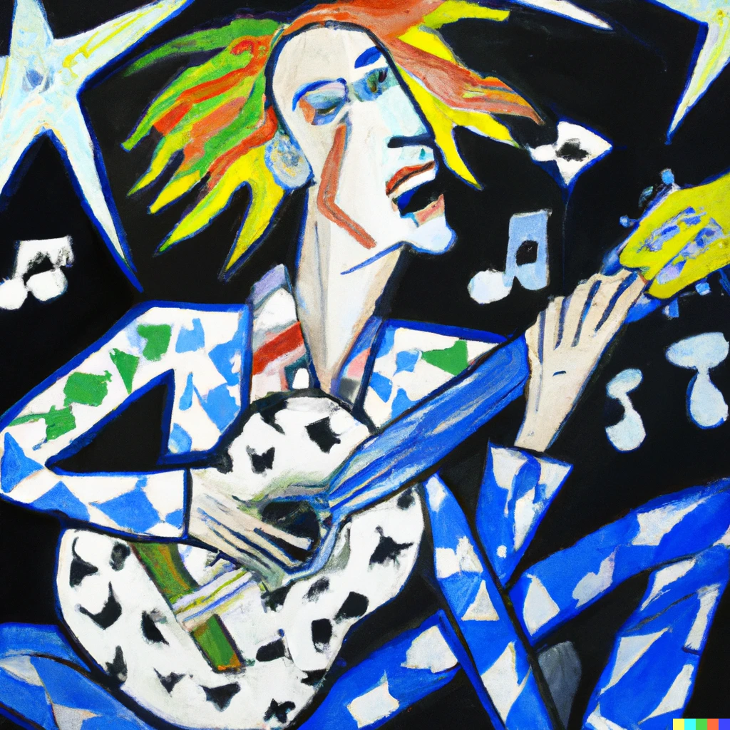 Prompt: Picasso painting of Justin Hawkins playing guitar