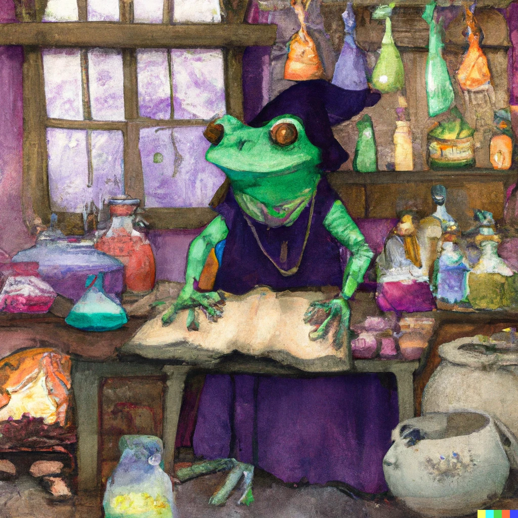 Prompt: A watercolor painting of a frog selling potions and witch items on his store 