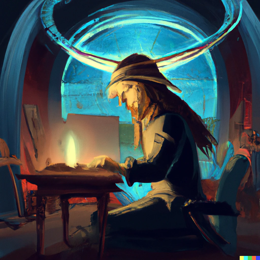 Prompt: Da vinci in metaverse praying to god and sketching abstract art