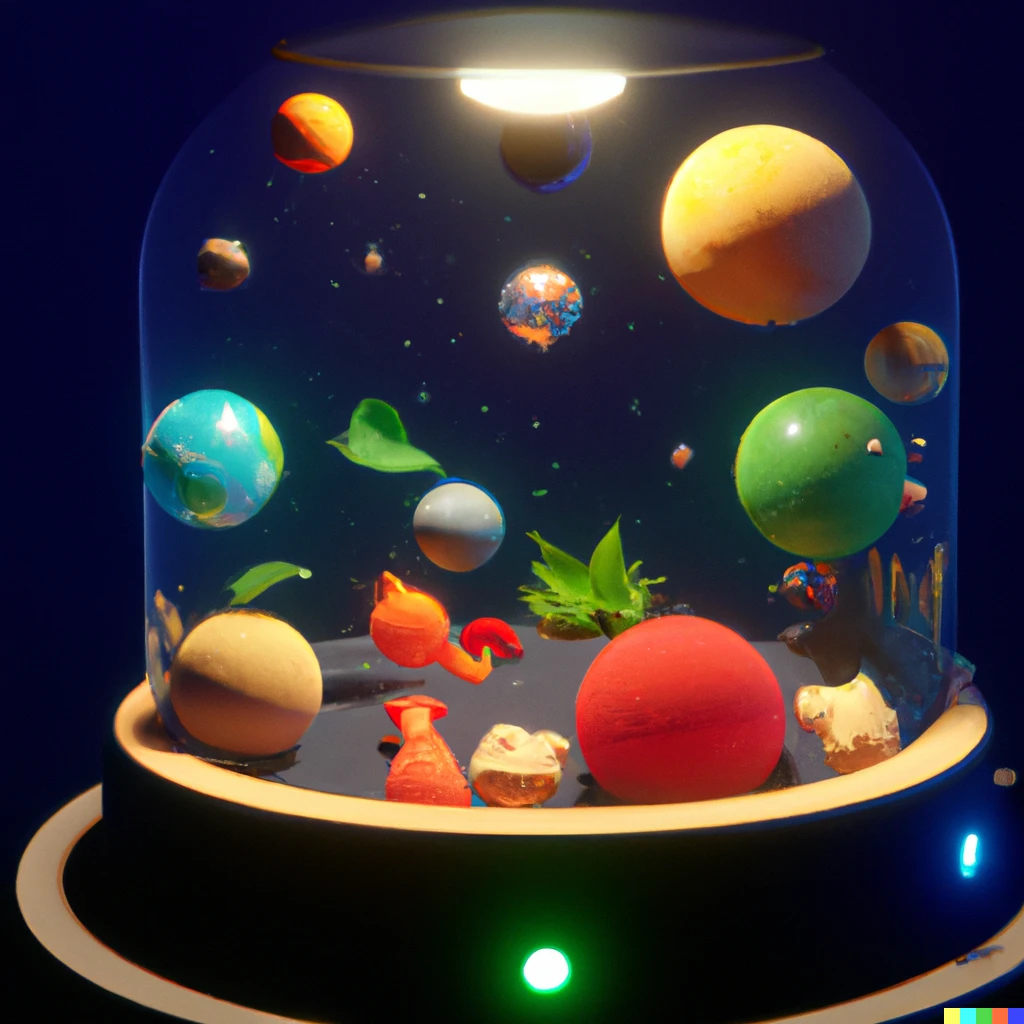 Prompt: 3D render of a cute solar system in an aquarium on a dark blue background, digital art