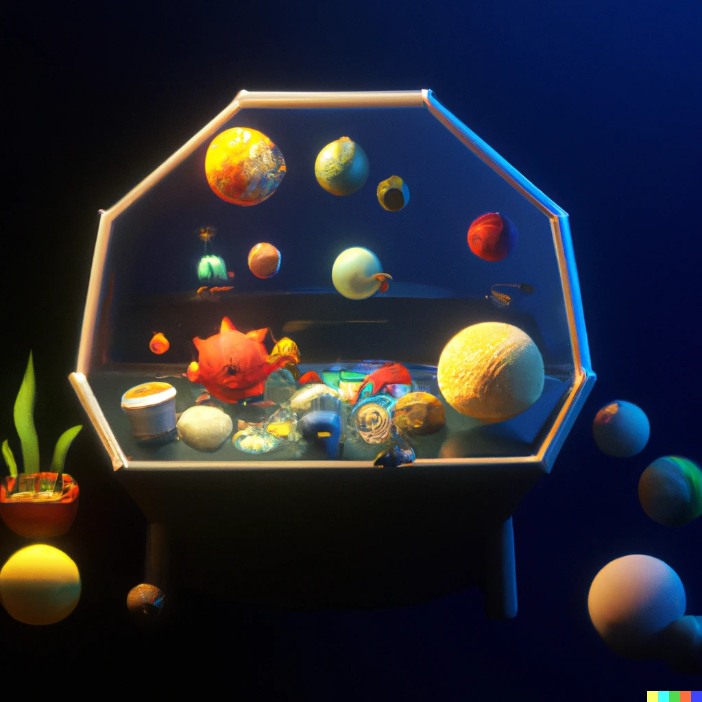 Prompt: 3D render of a cute solar system in an aquarium on a dark blue background, digital art