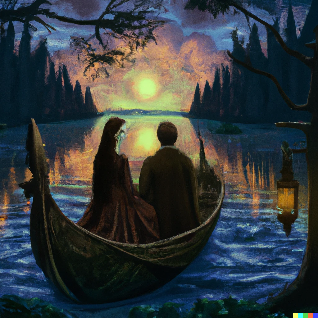 Prompt: lovers watch the view by leonardo da vinci in the evening on a boat on a lake in the elven forests