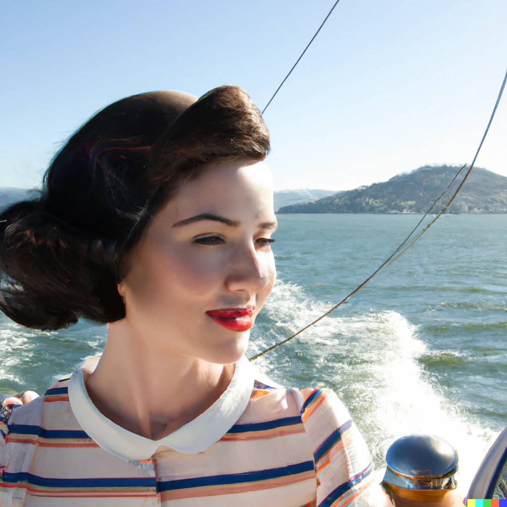 Prompt: A young brunette woman with a 1950’s hairdo sailing on a yacht in San Francisco Bay.