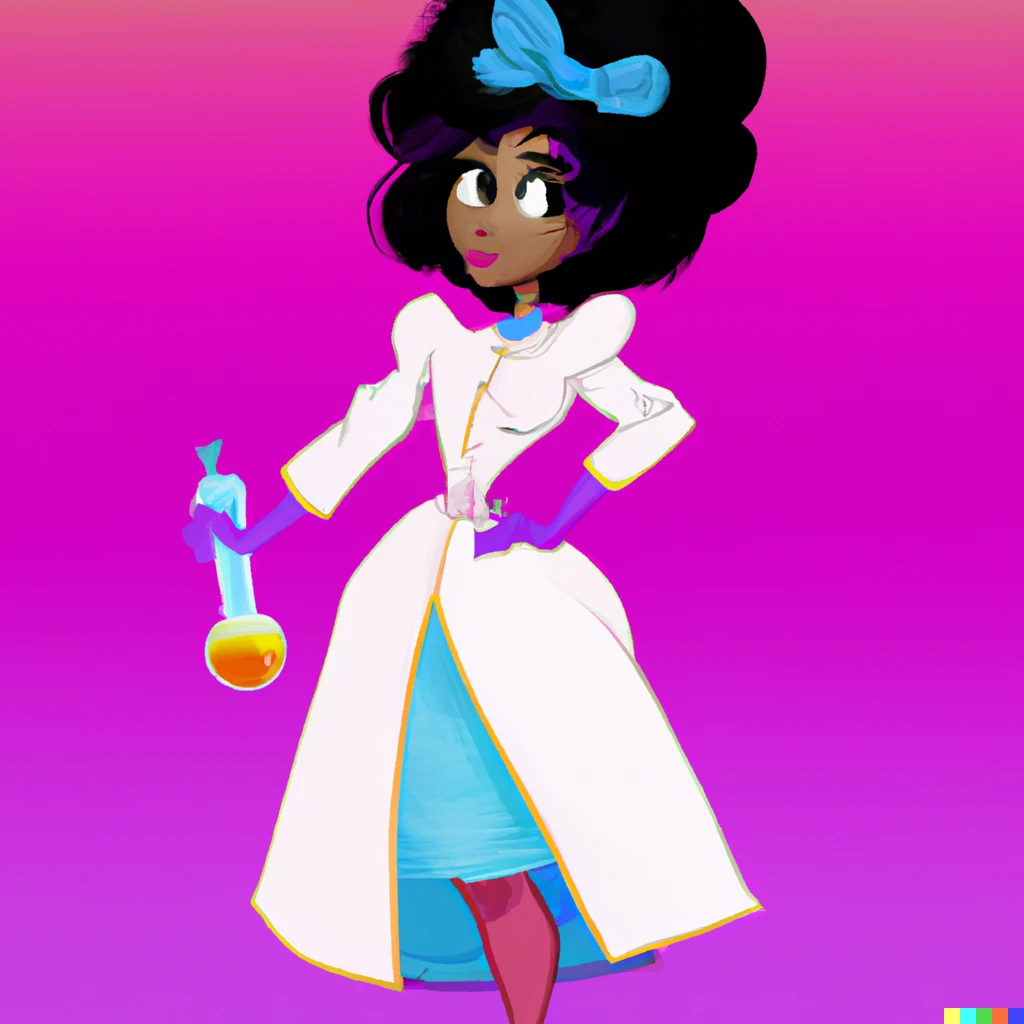 Prompt: cartoon of a scientist as a beautiful disney princess