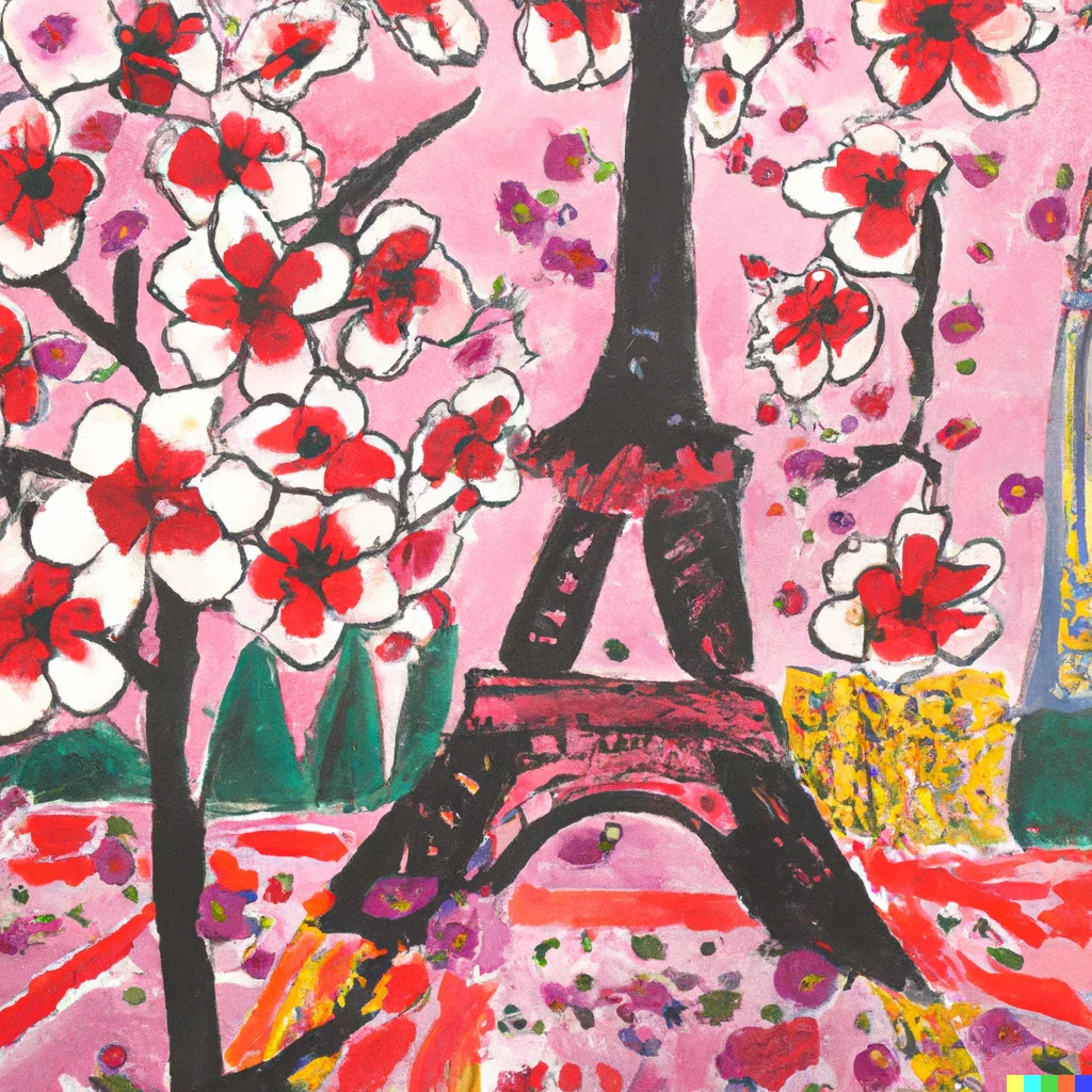 Prompt: japanese cherry blossom party under eiffel tower in Paris as drawn in a painting by Matisse 