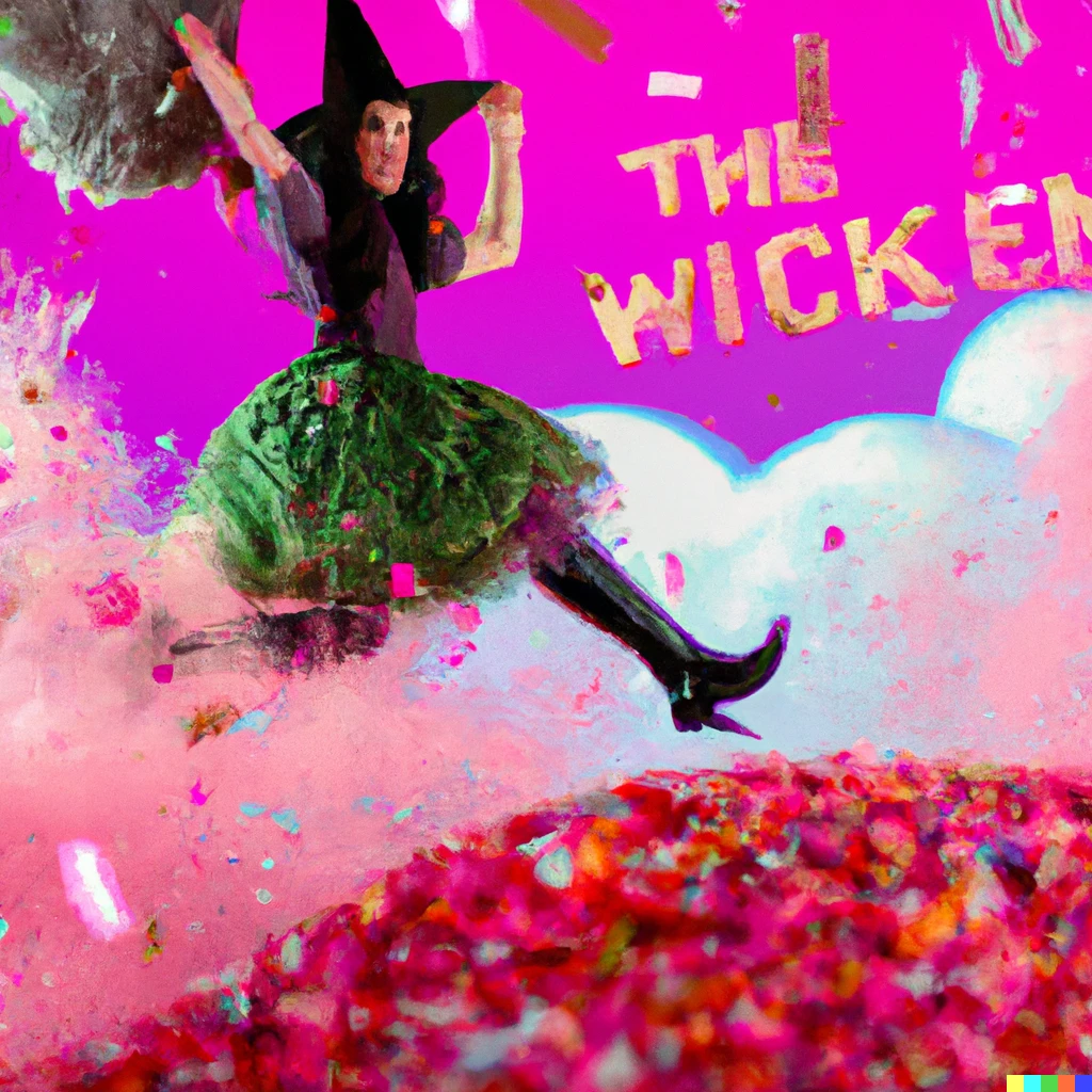 Prompt: wicked witch of the west going up in confetti and pink smoke wearing ruby slippers, village of OZ in the background
