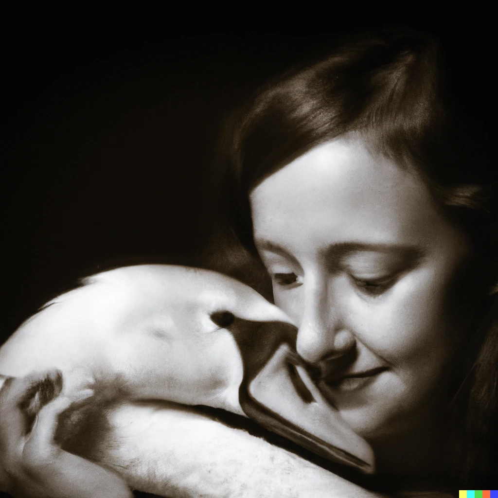 Prompt: A photographic portrait of Leda and the Swan-high quality photographic portrait taken with a medium format digital camera in Rembrandt lighting