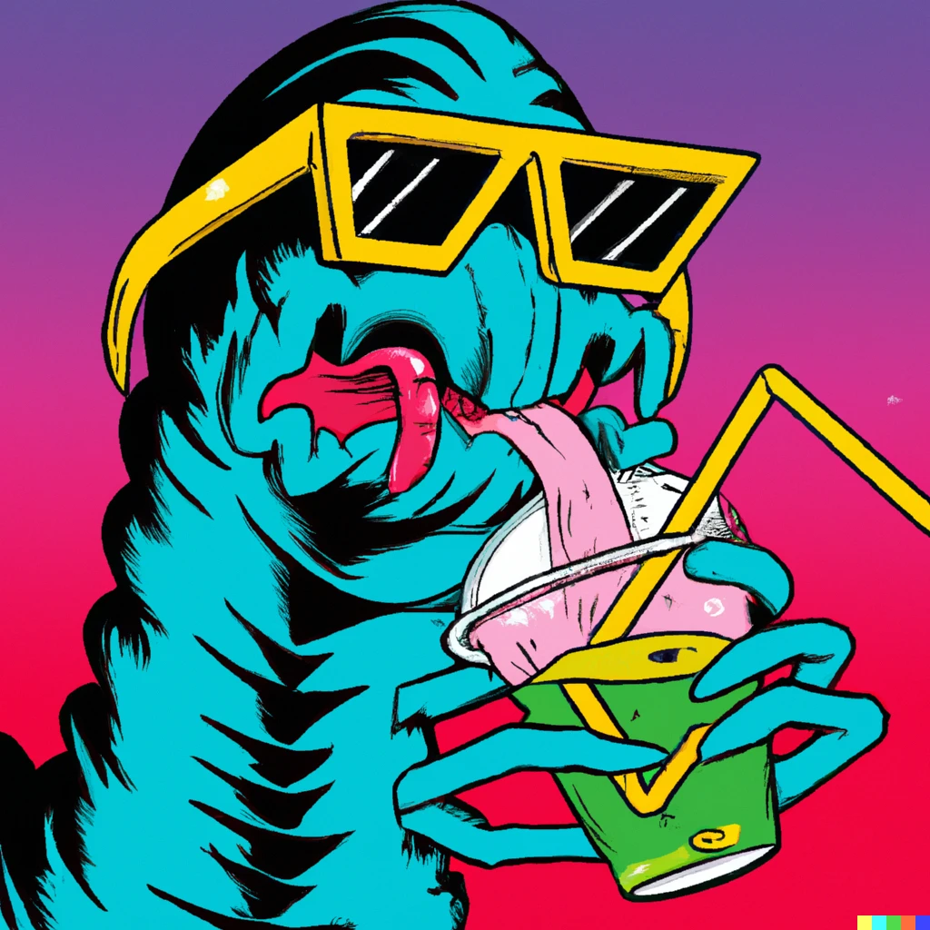 Prompt: Creature from the black lagoon drinking a Slurpee wearing 3D glasses, 80s style art