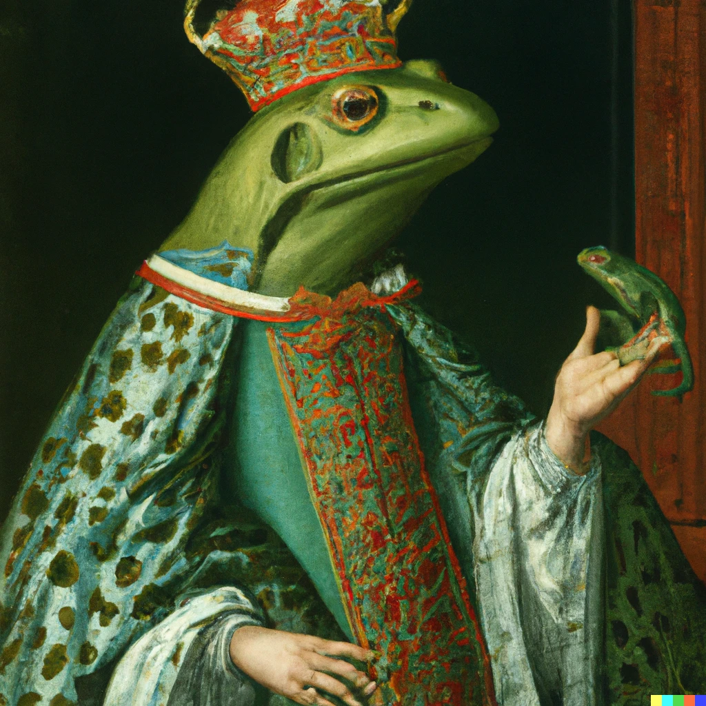 Prompt: Jan van Eyck painting of Emperor Kermit the Frog