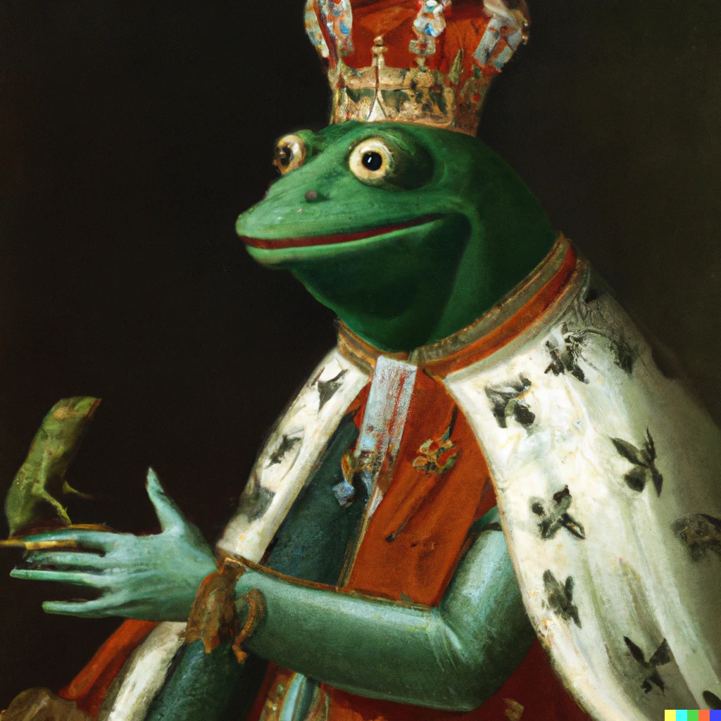 Prompt: Jan van Eyck painting of muppet Kermit the Frog as a king