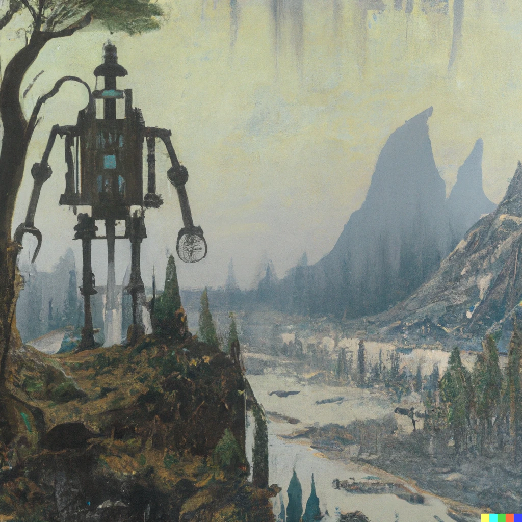Prompt: an alien mech unit in a landscape painting from the 19th century