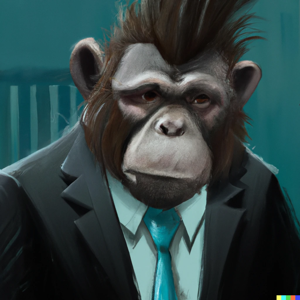 Prompt: A portrait of an angsty abe in a zoo dressed in a suit and tie, digital art