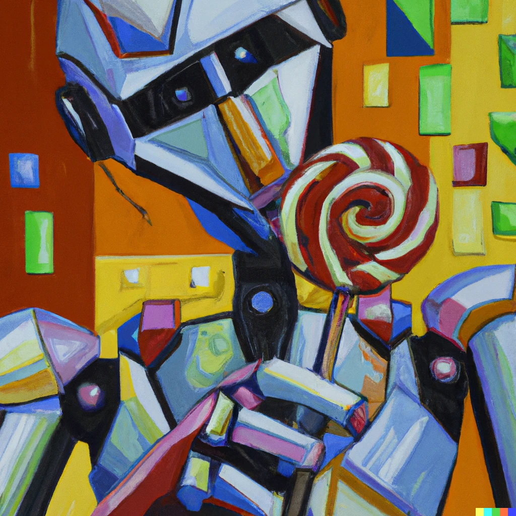 Prompt: Painting of a robot holding a lollipop in the cubist style