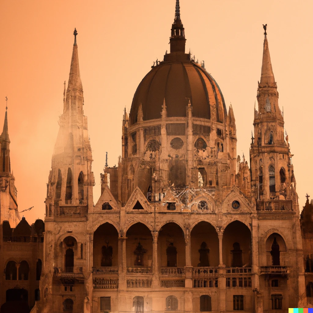 Prompt: Hungarian parliament building at sunset in steampunk style