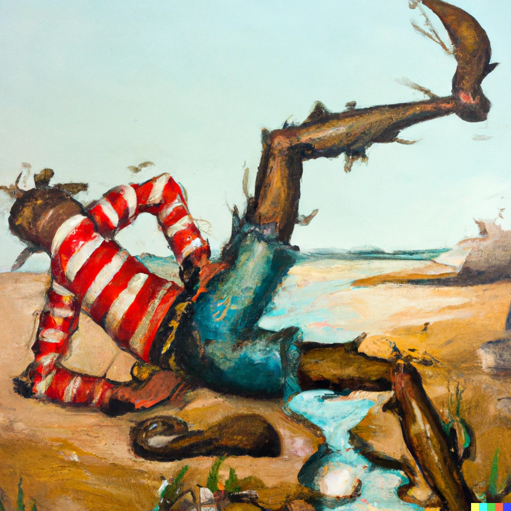 Prompt: An expressive oil painting of baron munchausen pulling himself out of the mud by his own bootstraps 