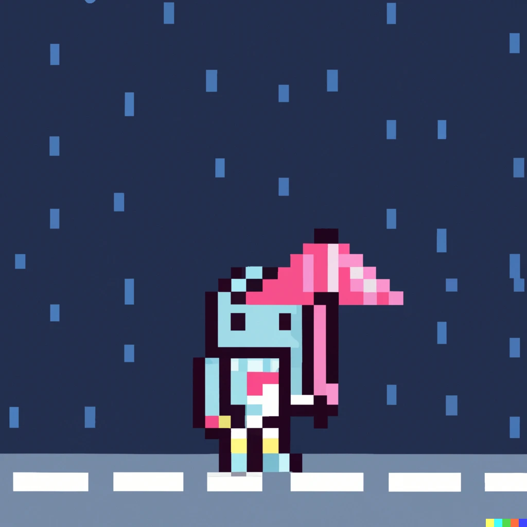 Prompt: pixel art, sad robot holding an umbrella waiting for the bus in the rain