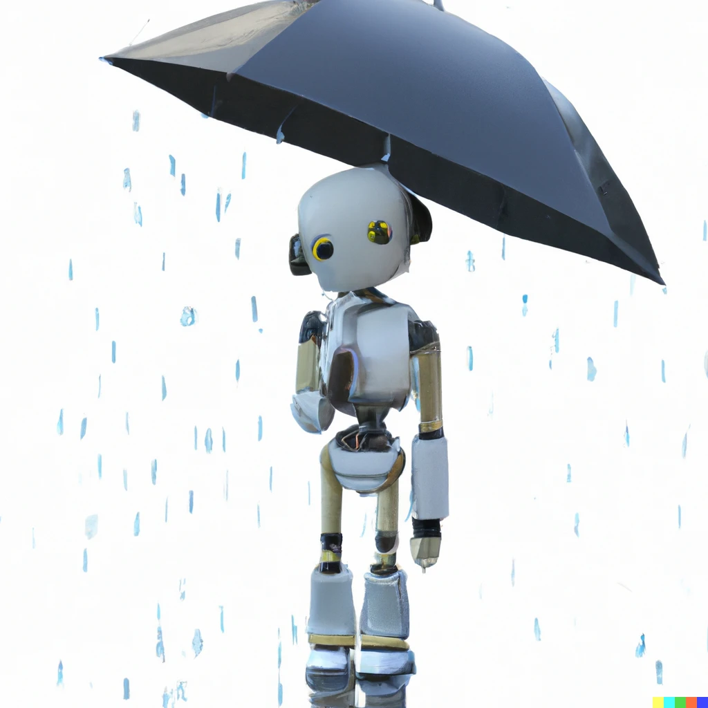 Prompt: 3d render, sad robot holding an umbrella waiting for the bus in the rain